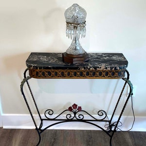 French Art Nouveau Style Cast Iron Italian Marble Console Table with Floral and Acanthus Embellishment