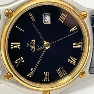 Ebel 183909 Sport Wave Classic in 18K Gold and Stainless w Black Roman Numeral Calendar Date Watch Signed 3513 Black Leather Strap & Buckle