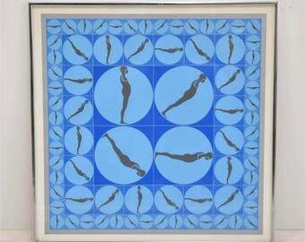 May include: A framed print of a geometric design featuring a repeated silhouette of a person in a blue and white color scheme.