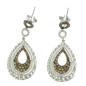 18K White Gold Champagne and White Diamond Teardrop Dangle Earrings 18Kt 750 18 karat Open Work Hammered Omega Backs