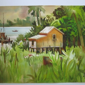 May include: Watercolor painting of a small wooden house on stilts, surrounded by lush green foliage and palm trees. The house has a brown roof and a light brown exterior. The painting depicts a peaceful scene of a tropical island.