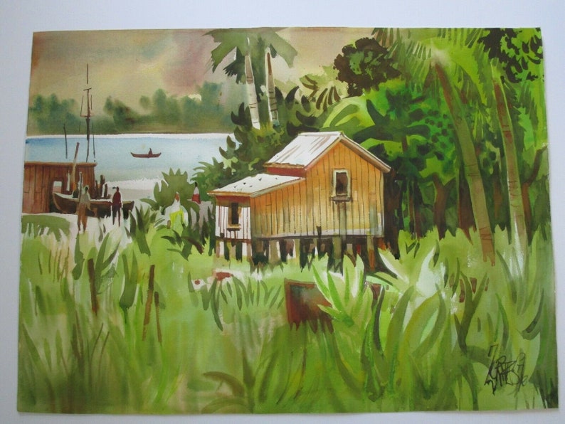 May include: Watercolor painting of a small wooden house on stilts, surrounded by lush green foliage and palm trees. The house has a brown roof and a light brown exterior. The painting depicts a peaceful scene of a tropical island.