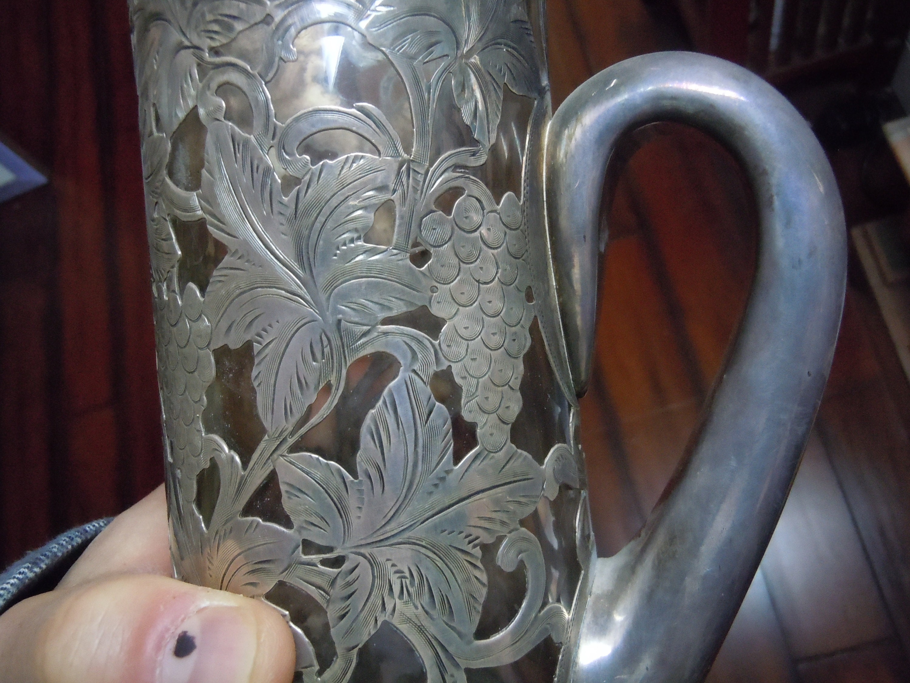 1887 Alvin Grape Vine Pattern .999 Silver Overlay Crystal Pitcher