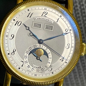 Men's 18K Yellow Gold Chronoswiss Luna Triple Calendar CH9321 Silver Dial Chronograph Watch with Box & Papers Chrono Wristwatch