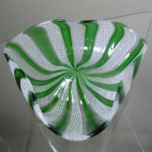 White Lace Emerald Green to Clear Vintage Hand Blown Italian Murano Glass Pinched Bowl with polished pontil