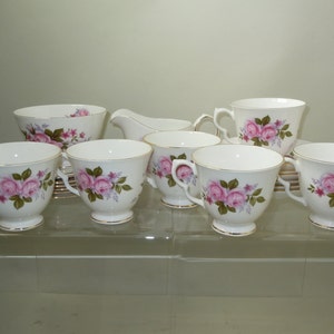English Queen Anne Bone China Pink Roses Tea Service Cups Saucers Dessert Sugar and Cream Porcelain 20 pieces