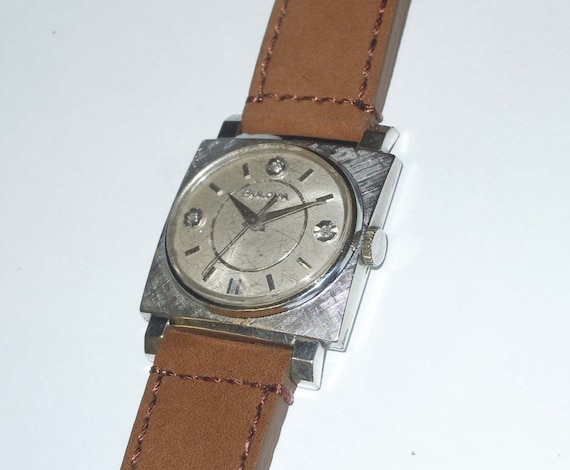 Mens 10kt White Gold Filled Diamond Dial Bulova Dress Watch 70s