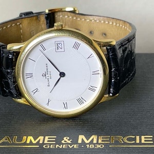 Ultra Thin Men's 18K Yellow Gold Baume & Mercier Calendar Date Statement Watch "25 Years Loyal Service Bear Stearns" Dedication on the Back