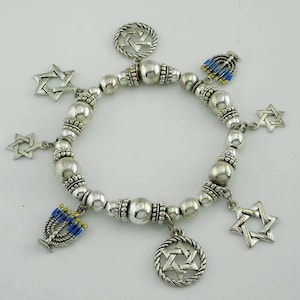 Silver Tone Judaica Star of David Enamel Hanukkiah Charm Bracelet Magen David Menorah not silver