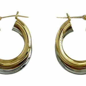 Crossover Twist Two Tone 14K Yellow and White Gold Modern Hoop Earrings