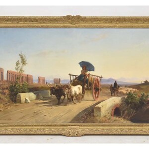 Johann Zahnd 1885 Swiss Oil on Canvas Painting Peasants on an ox cart in a landscape of Roman ruins with figures in the distance Switzerland