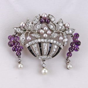 Important Fine & Rare Ca. 1925 Art Deco Cartier, Diamond, Amethyst, Onyx Platinum Floral Brooch