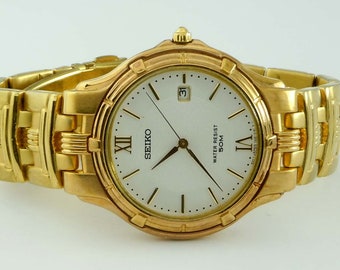 Vintage Hombres Oro Tono Inoxidable 8N0516 Seiko Calendario Reloj