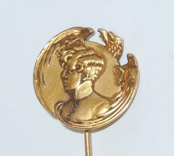 18Kt Gold Single Cut Diamond French Empire Revival Eagle Draped Napoleon Portrait Stick Pin Napoleonic Era