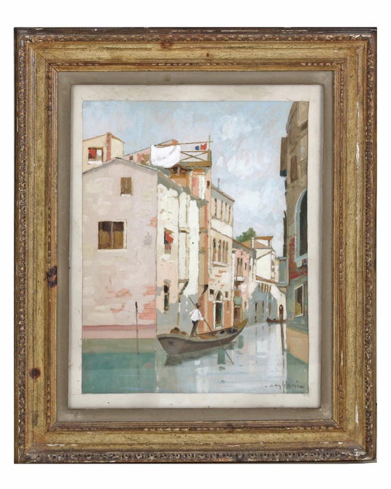 ルイジ・カリアーニ イタリア (1910 - 1987) ヴェネツィア運河の油絵