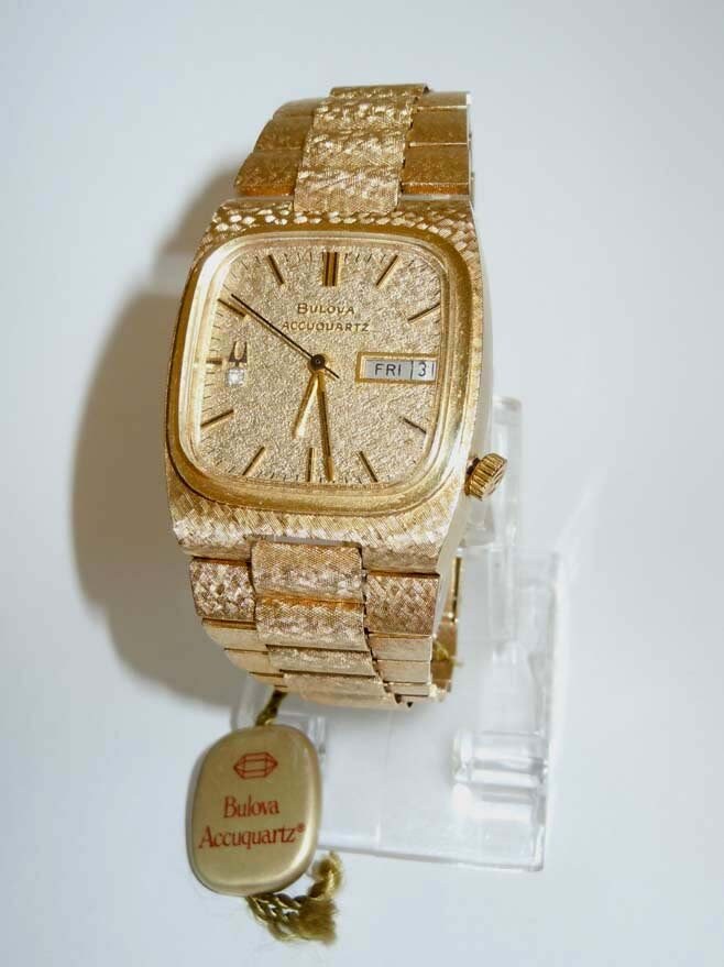 14K Gold Diamond Bulova Accuquartz Day Date Watch Satin Finish Etsy