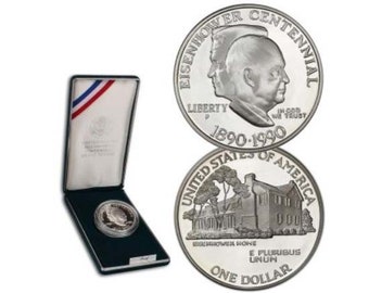 1990-P US Eisenhower Centennial Commemorative Proof Silver Dollar with US mint green presentation box