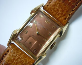 Vintage 1950-tals herrklocka i 14 karat guld, Longines Wittnauer, roséguld, urtavla, originalkartong, 14 karat guld, herrklocka