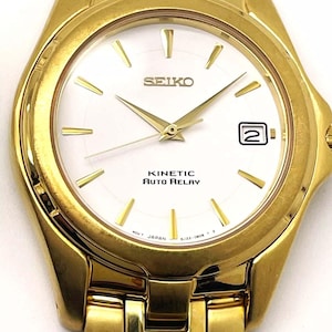 Vintage Mens Gold Tone Stainless SEIKO Kinetic Auto Relay 5J22-0B59 Calendar Statement Watch