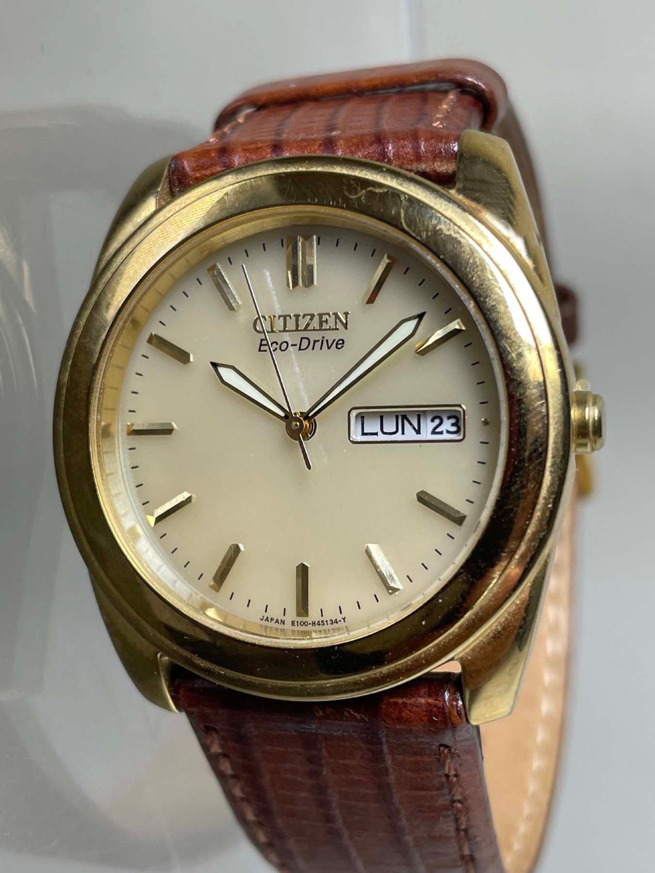 Mens Citizen Eco-drive E100-H45134-Y Wristwatch With Brown Leather