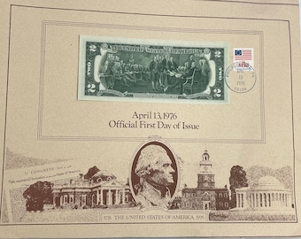 US Mint 1976 Bicentennial Two Dollar Jefferson Note with 13c Deceleration Independence First Day Issue