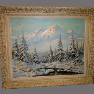 Laszlo Neogrady Winter Landscape Oil Painting Hungarian 1896-1962 First Snow Stream River Brook Forest Woods Mountains Evergreen Nature