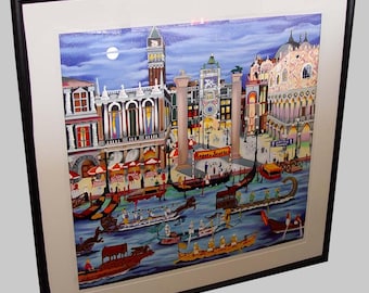 May include: A framed painting of a colorful scene in Venice, Italy. The painting depicts a bustling canal with gondolas and boats, a large square with buildings and a clock tower, and a full moon in the sky. The painting is titled "Regata Storica".