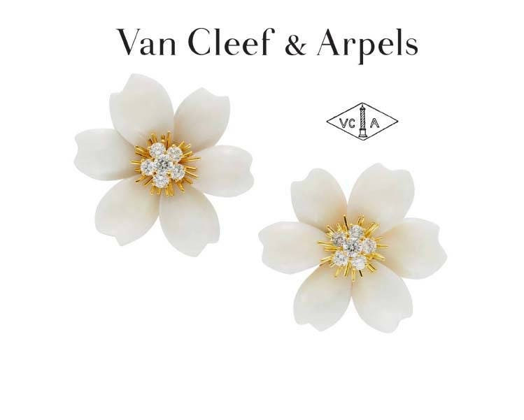 Van Cleef & Arpels 18K Yellow Gold Rose de Noel Coral Diamond Flower Brooch