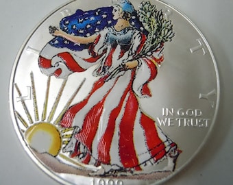 1999 Colorized Walking Liberty American Eagle US 1 Oz Silver Coin in Acrylic Case