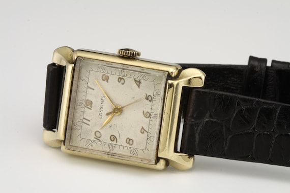 Vintage Art Deco Men's 14K Gold Longines Wristwatch Circa 1945 WWII era Chunky Solid 14Kt Gold