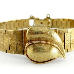 Vintage 1960&#39;s Lady Westbrook III 14K Yellow Gold Engraved Floral and Leaf Mystery Flip Watch Bracelet Band Mother Pearl Dial MOP 34.6 Grams