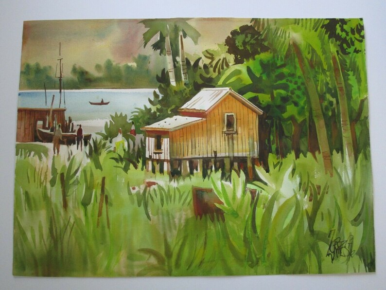 May include: Watercolor painting of a small wooden house on stilts in a tropical setting. The house is painted yellow with a white roof and has a single window. The house is surrounded by lush green foliage and palm trees. A small boat is visible in the distance on a body of water.