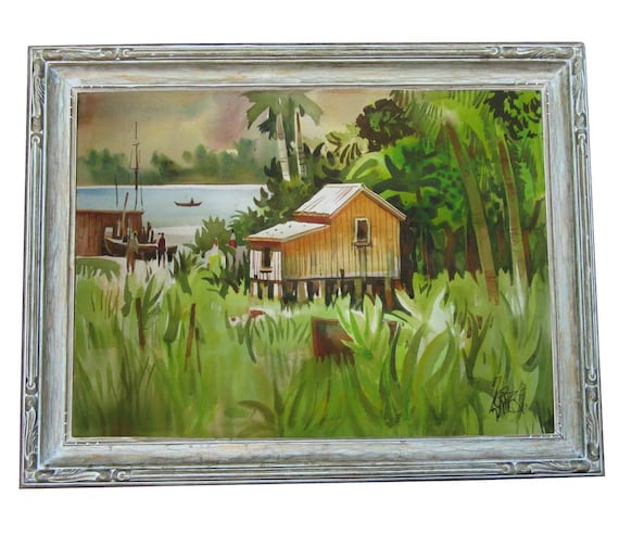 Milford Zornes 'Costa Rican Home' Watercolor on Paper Painting Housed in its original hand carved important American Newcomb-Macklin Frame