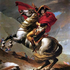 May include: A painting of Napoleon Bonaparte on horseback, wearing a red cloak and a bicorne hat. He is riding a white horse with a flowing mane and tail. The horse is rearing up on its hind legs, and Napoleon is pointing with his right hand. The background is a mountainous landscape.