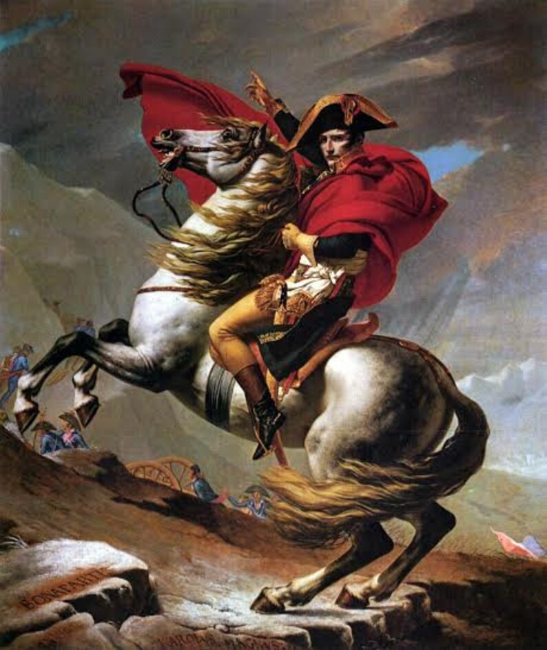 May include: A painting of Napoleon Bonaparte on horseback, wearing a red cloak and a bicorne hat. He is riding a white horse with a flowing mane and tail. The horse is rearing up on its hind legs, and Napoleon is pointing with his right hand. The background is a mountainous landscape.