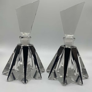 Fine Pair of Triangular Geometric Czech Art Deco Black Enamel Crystal Perfume Bottles 1930s Similar to Designer Karl Palda, Czechoslovakia