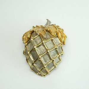 Huge 2 Tone Cadoro Strawberry Costume Jewelry Brooch High Relief Satin Finish