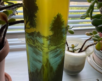 Mutli  Colored Cameo Art Glass Vase Signed Galle Mountain Lake Woods Scene with Carved Wooden Base