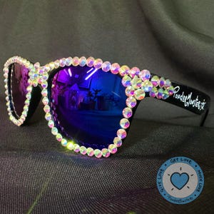 Custom PonderMonster Sparkle Shades [ Black Frames / Blue Mirror Lenses ] - Iridescent Crystal AB Rhinestone Sunglasses | Festival Rave 011