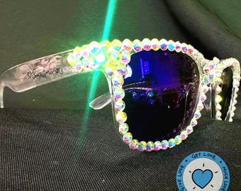Custom PonderMonster Sparkle Shades [ Clear Frames / Blue Mirror Lenses ] - Iridescent Crystal AB Rhinestone Sunglasses | Rave 021