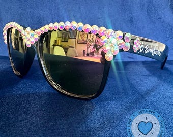 Custom PonderMonster Sparkle Shades [ Black Frames / Purple Lenses ] - Iridescent Crystal AB Rhinestone Sunglasses | Rave 025