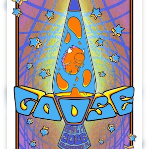 May include: A vibrant poster featuring a blue lava lamp with orange blobs and a cartoon creature inside. The word "GOOSE" is in large blue letters. Additional text includes "APRIL 17 2026 CLEARWATER, FL" and blue star accents.