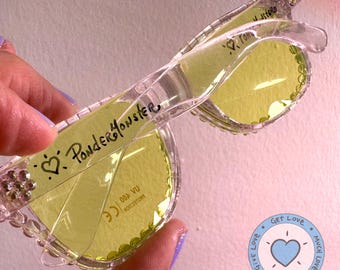 Custom PonderMonster Sparkle Shades [ Clear Frames / Yellow Lenses ] - Iridescent Crystal AB Rhinestone Sunglasses | Festival Rave 023