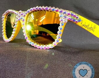 Custom PonderMonster Sparkle Shades [ Yellow Frames / Gold Mirror Lenses ] - Iridescent Crystal AB Rhinestone Sunglasses Festivals Raves 001