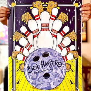 May include: A colorful poster featuring a bowling theme with a purple background and yellow accents. The poster promotes the "Summer 2025 Tour" of "Ben Harper & The Innocent Criminals," with tour dates and locations including Portland, Oakland, and Seattle.
