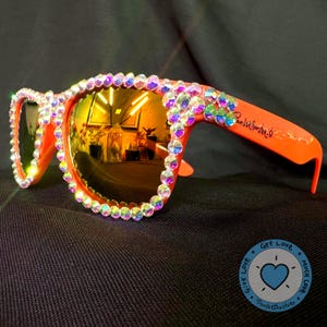 Custom PonderMonster Sparkle Shades [ Dark Orange Frames / Gold-Orange Mirror Lenses ] - Iridescent Crystal AB Rhinestone Sunglasses 006