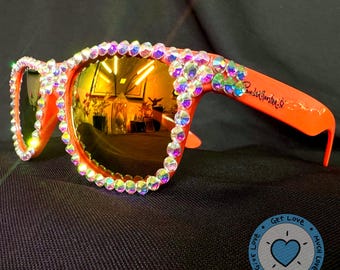 Custom PonderMonster Sparkle Shades [ Dark Orange Frames / Gold-Orange Mirror Lenses ] - Iridescent Crystal AB Rhinestone Sunglasses 006