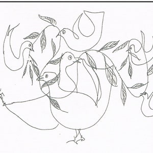 May include: A black and white line drawing of five doves with olive branches, symbolizing peace. The drawing is signed "Frederick Franck" in the lower left corner.