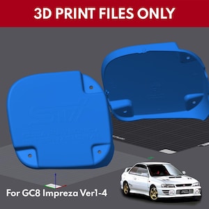 Puede incluir: Piezas de coche azules impresas en 3D con el texto "3D PRINT FILES ONLY" y "For GC8 Impreza Ver1-4". Las piezas tienen el logotipo STI y se muestran con un coche Subaru Impreza blanco.