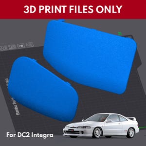 Puede incluir: Dos cubiertas automotrices rectangulares texturizadas de color azul para un DC2 Integra, mostradas como archivos de impresión 3D. La imagen incluye el texto 3D PRINT FILES ONLY y For DC2 Integra, junto a una ilustración de un coupé blanco.